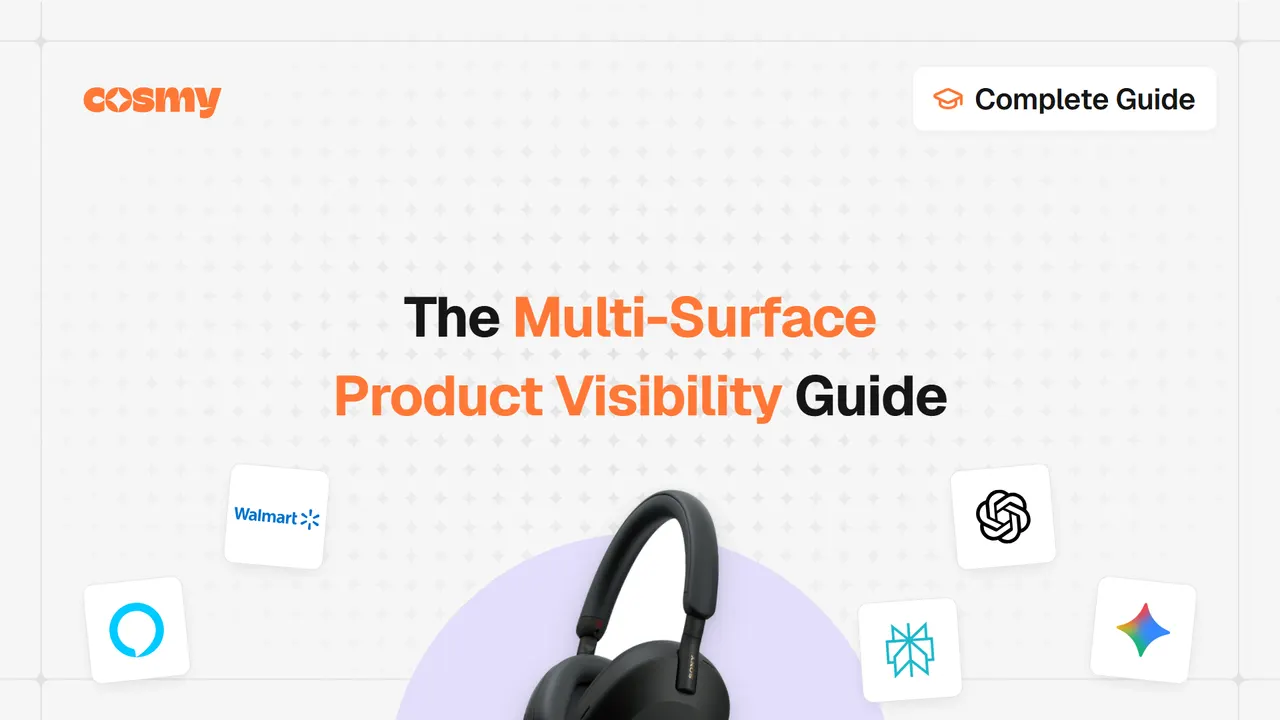 Cosmy blog cover reading "The Multi-Surface Product Visibility Guide", with Sony WH-1000XM5 headphones surrounded by the Alexa, Walmart, OpenAI, Perplexity and Gemini logos.