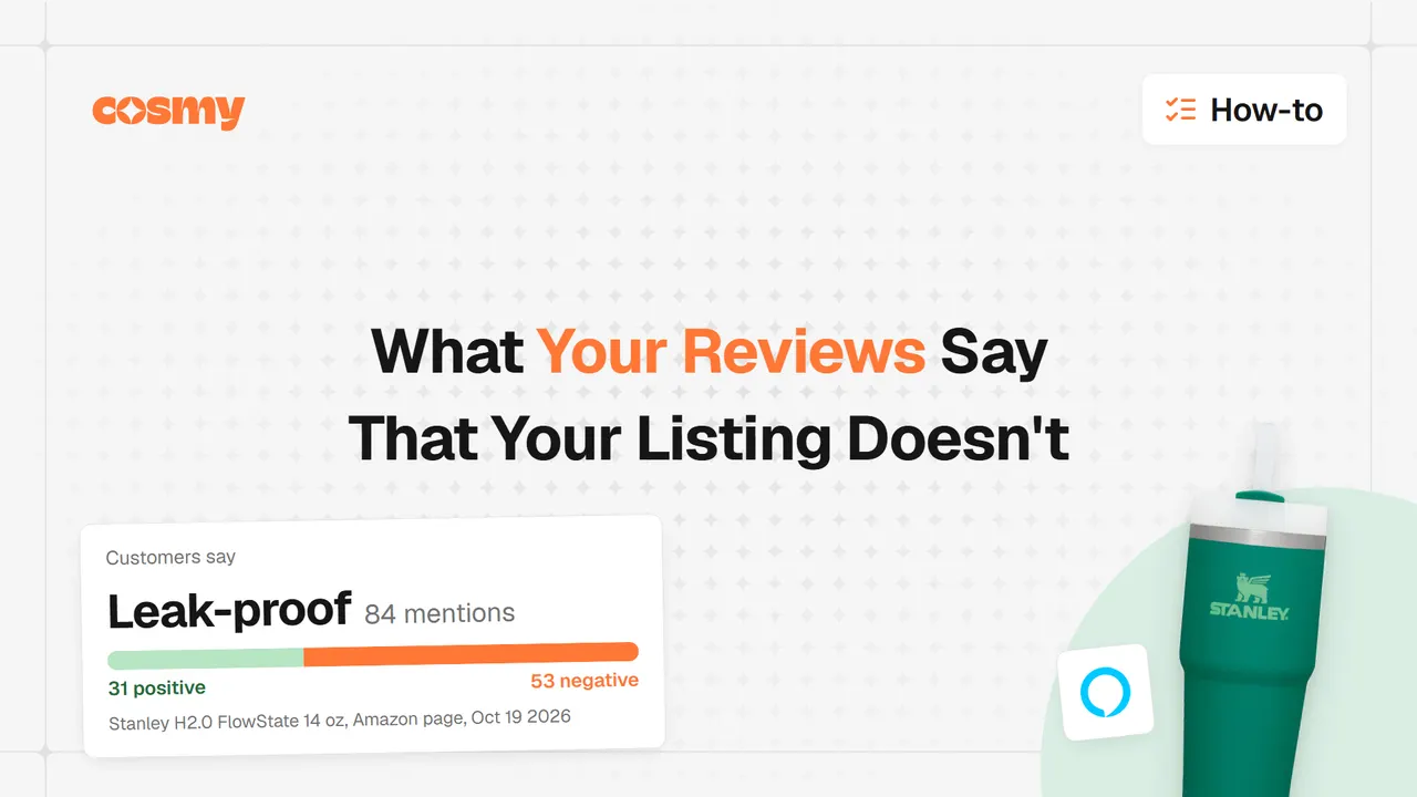 Cosmy blog cover reading "What Your Reviews Say That Your Listing Doesn't", with a green Stanley Quencher H2.0 FlowState tumbler, the Alexa logo and a "Customers say" card showing 84 mentions of leak-proof, 31 positive and 53 negative.